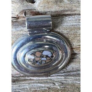 Vintage Mexican Sterling Silver Pendant With Natural Stone Centerpiece Oval 8.0g